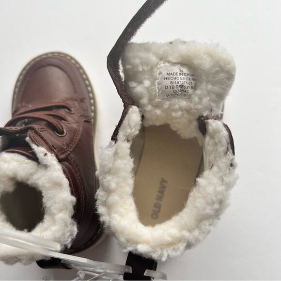 Old Navy Boys Dressy Cognac High Top Boots with Faux Fur Lined Sz 7 - Picture 8 of 11